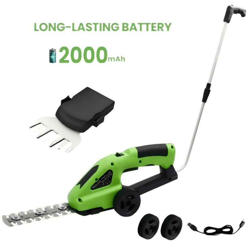 BAOKALER Outdoor Power Tools 7.2-Volt Lithium-Ion Cordless Grass Shear/Shrub Trimmer with Wheeled Extension Handle, 2 in 1 Hedge Trimmer with 2000mAh Rechargeable Lithium-Ion Battery, Green