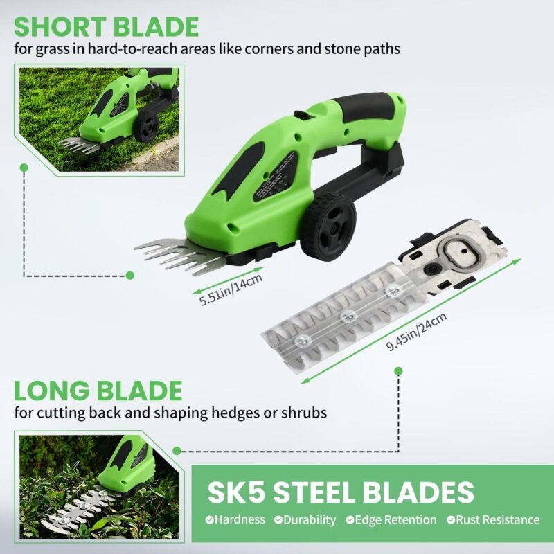 BAOKALER Outdoor Power Tools 7.2-Volt Lithium-Ion Cordless Grass Shear/Shrub Trimmer with Wheeled Extension Handle, 2 in 1 Hedge Trimmer with 2000mAh Rechargeable Lithium-Ion Battery, Green - Image 10