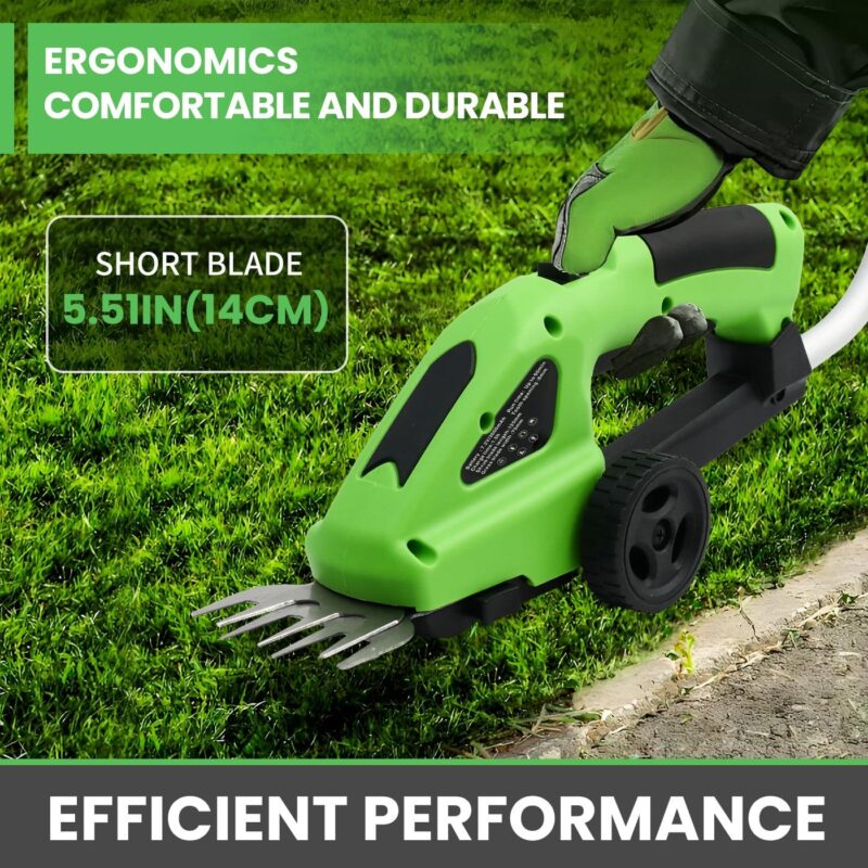 BAOKALER Outdoor Power Tools 7.2-Volt Lithium-Ion Cordless Grass Shear/Shrub Trimmer with Wheeled Extension Handle, 2 in 1 Hedge Trimmer with 2000mAh Rechargeable Lithium-Ion Battery, Green - Image 3