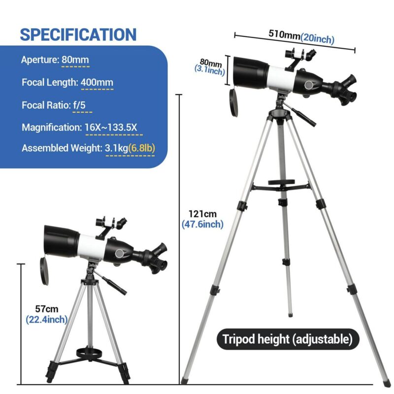 BEBANG Telescope for Adults Astronomy, 80mm Aperture Astronomical Telescope, 3 Rotatable Eyepieces Refractor Telescope with Tripod - Image 8