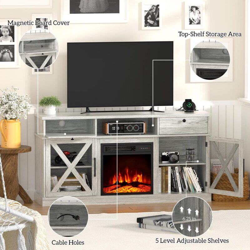 BREEZEHEAT 58  Farmhouse Fireplace TV Stand with 18  Electric Fireplace for TVs up to 65'' - Image 5
