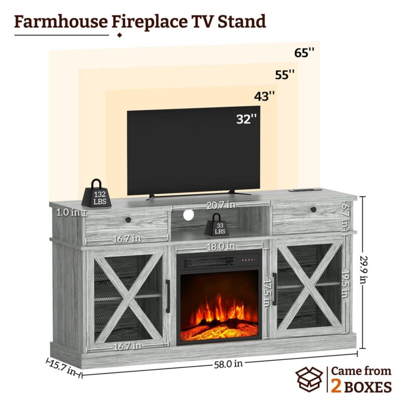 BREEZEHEAT 58  Farmhouse Fireplace TV Stand with 18  Electric Fireplace for TVs up to 65'' - Image 3