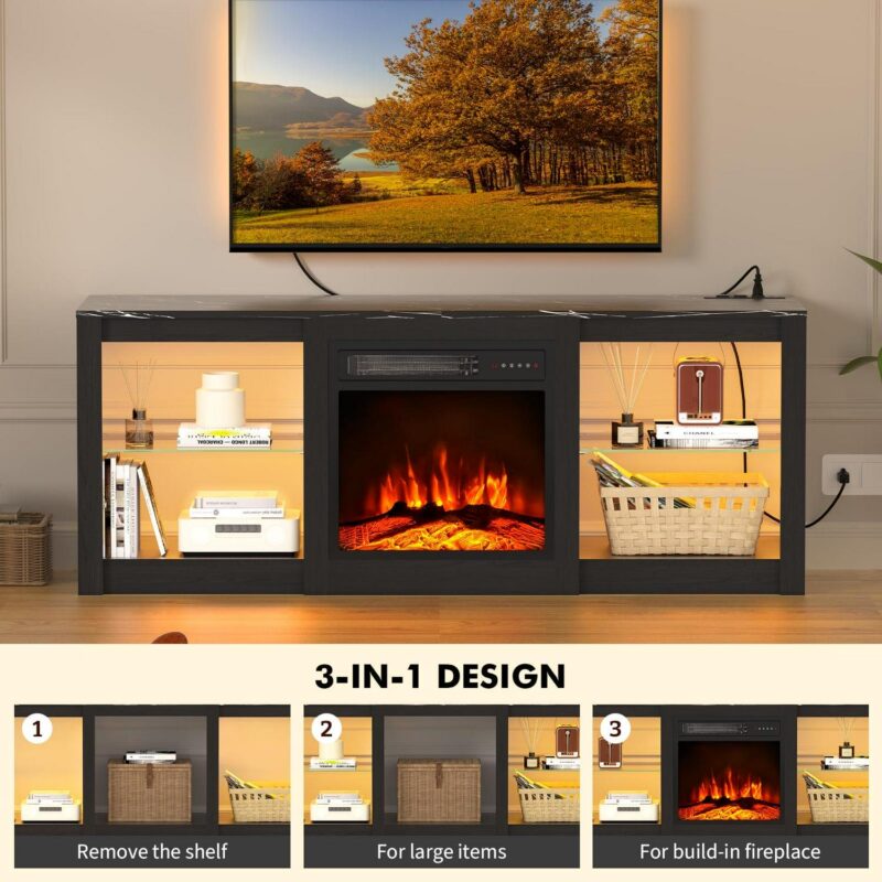 BREEZEHEAT 58-Inch Electric Fireplace TV Stand with 18-Inch Fireplace, Modern Entertainment Center, Black - Image 4