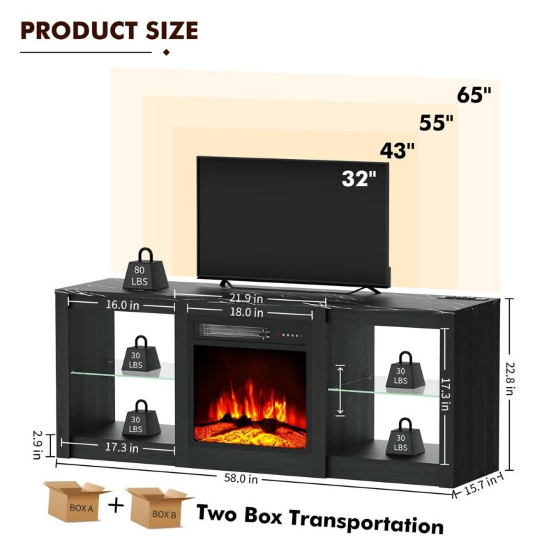 BREEZEHEAT 58-Inch Electric Fireplace TV Stand with 18-Inch Fireplace, Modern Entertainment Center, Black - Image 9