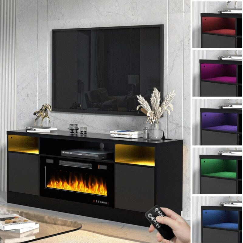 BREEZEHEAT Electric Fireplace TV Stand-70 inch TV Stand with 36  Electric Fireplace-Living Room Tv Cabinet with Storage for TVs Up to 80 -Led Entertainment Centeri 1/4 Modern Media Console (Black) - Image 2