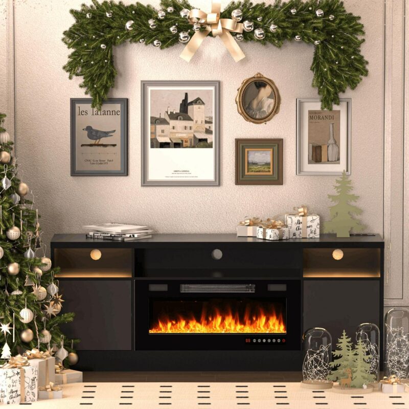 BREEZEHEAT Electric Fireplace TV Stand-70 inch TV Stand with 36  Electric Fireplace-Living Room Tv Cabinet with Storage for TVs Up to 80 -Led Entertainment Centeri 1/4 Modern Media Console (Black) - Image 9