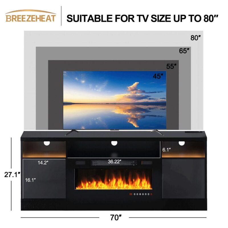BREEZEHEAT Electric Fireplace TV Stand-70 inch TV Stand with 36  Electric Fireplace-Living Room Tv Cabinet with Storage for TVs Up to 80 -Led Entertainment Centeri 1/4 Modern Media Console (Black) - Image 3