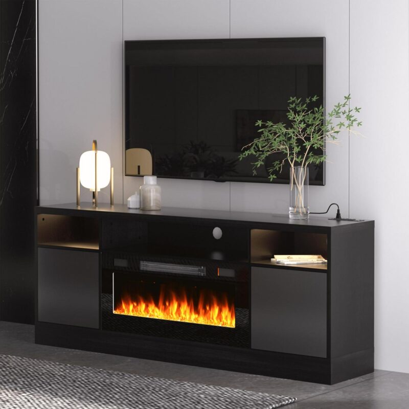 BREEZEHEAT Electric Fireplace TV Stand-70 inch TV Stand with 36  Electric Fireplace-Living Room Tv Cabinet with Storage for TVs Up to 80 -Led Entertainment Centeri 1/4 Modern Media Console (Black)
