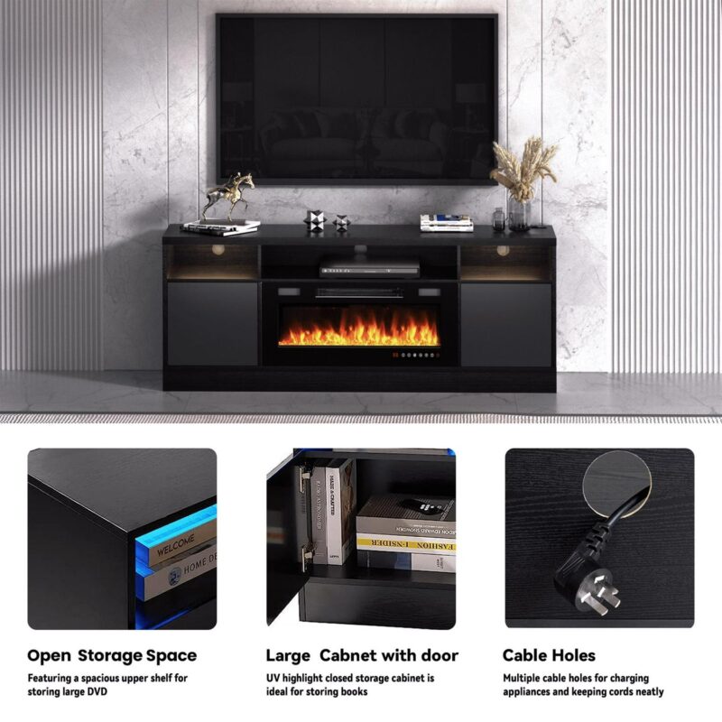 BREEZEHEAT Electric Fireplace TV Stand-70 inch TV Stand with 36  Electric Fireplace-Living Room Tv Cabinet with Storage for TVs Up to 80 -Led Entertainment Centeri 1/4 Modern Media Console (Black) - Image 5