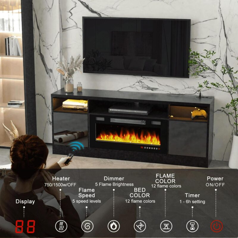 BREEZEHEAT Electric Fireplace TV Stand-70 inch TV Stand with 36  Electric Fireplace-Living Room Tv Cabinet with Storage for TVs Up to 80 -Led Entertainment Centeri 1/4 Modern Media Console (Black) - Image 4