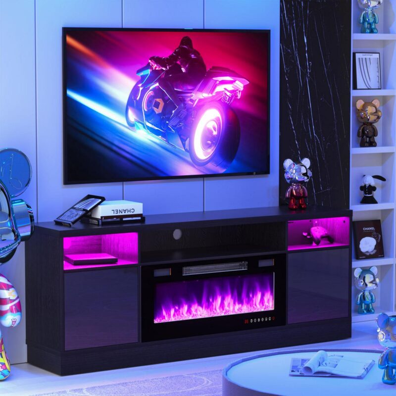 BREEZEHEAT Electric Fireplace TV Stand-70 inch TV Stand with 36  Electric Fireplace-Living Room Tv Cabinet with Storage for TVs Up to 80 -Led Entertainment Centeri 1/4 Modern Media Console (Black) - Image 8