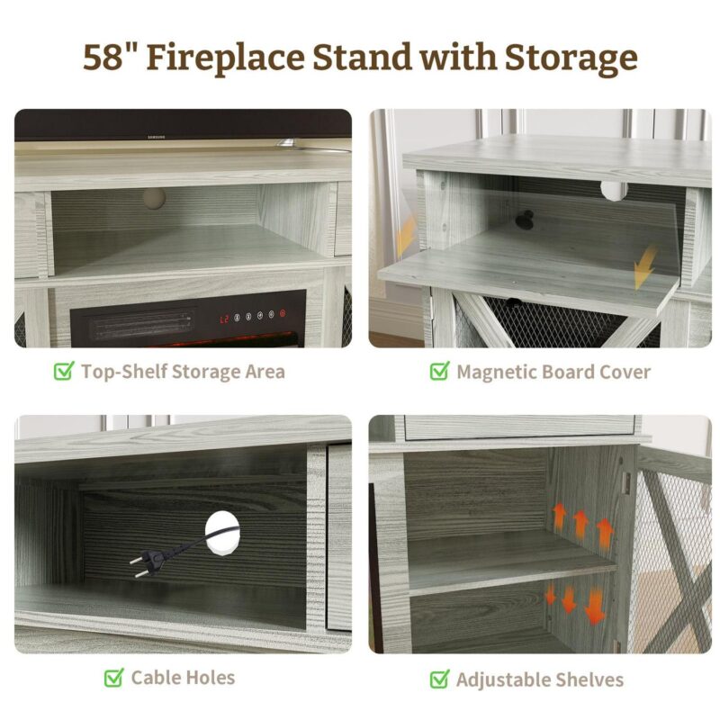 BREEZEHEAT Farmhouse Fireplace TV Stand with 18  Electric Fireplace for TVs up to 65'', 58  Entertainment Center TV Console, Storage Cabinets/Adjustable Shelves for Living Room and Bedroom - Image 9