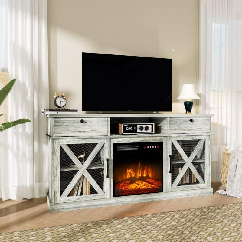BREEZEHEAT Farmhouse Fireplace TV Stand with 18  Electric Fireplace for TVs up to 65'', 58  Entertainment Center TV Console, Storage Cabinets/Adjustable Shelves for Living Room and Bedroom - Image 5