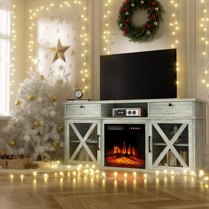 BREEZEHEAT Farmhouse Fireplace TV Stand with 18  Electric Fireplace for TVs up to 65'', 58  Entertainment Center TV Console, Storage Cabinets/Adjustable Shelves for Living Room and Bedroom - Image 2