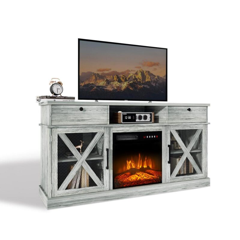 BREEZEHEAT Farmhouse Fireplace TV Stand with 18  Electric Fireplace for TVs up to 65'', 58  Entertainment Center TV Console, Storage Cabinets/Adjustable Shelves for Living Room and Bedroom - Image 7