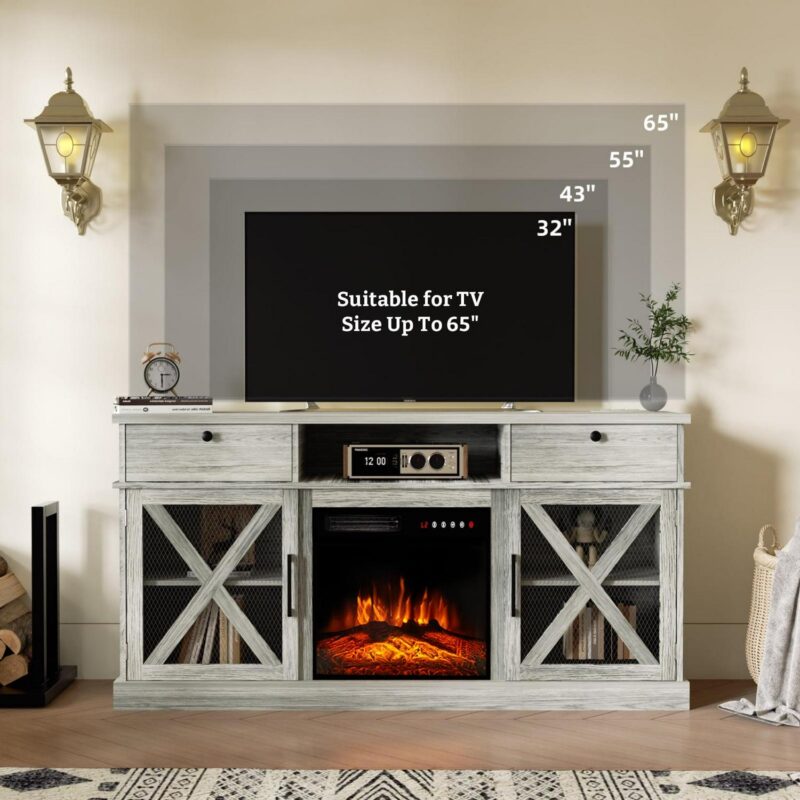 BREEZEHEAT Farmhouse Fireplace TV Stand with 18  Electric Fireplace for TVs up to 65'', 58  Entertainment Center TV Console, Storage Cabinets/Adjustable Shelves for Living Room and Bedroom - Image 3