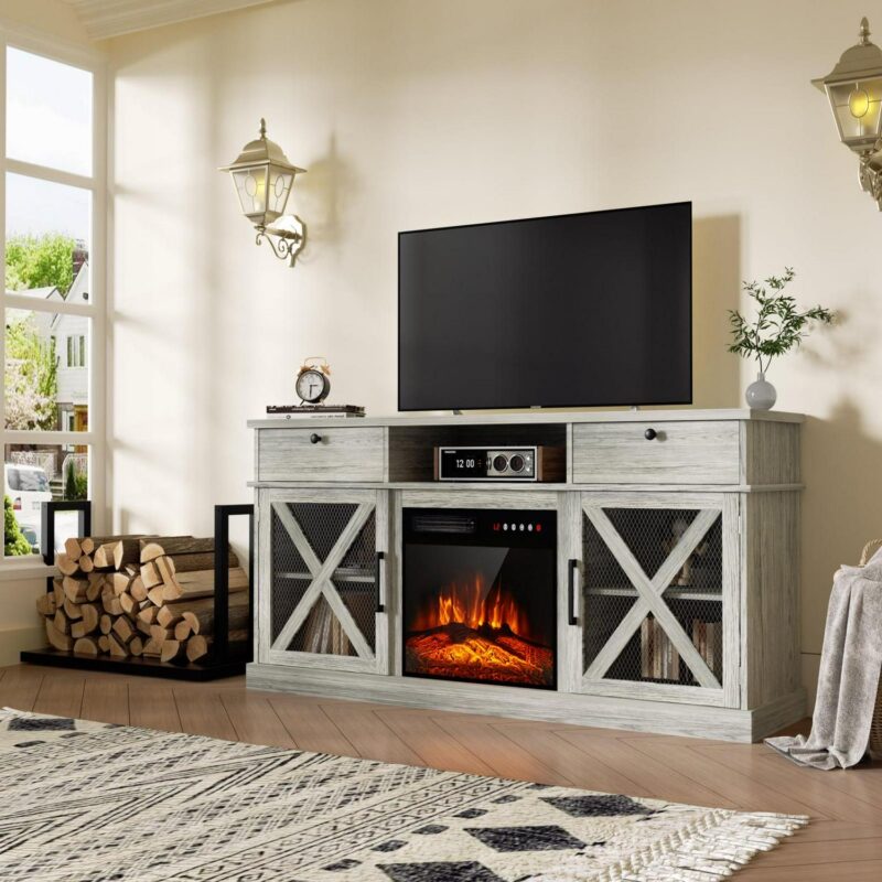BREEZEHEAT Farmhouse Fireplace TV Stand with 18  Electric Fireplace for TVs up to 65'', 58  Entertainment Center TV Console, Storage Cabinets/Adjustable Shelves for Living Room and Bedroom