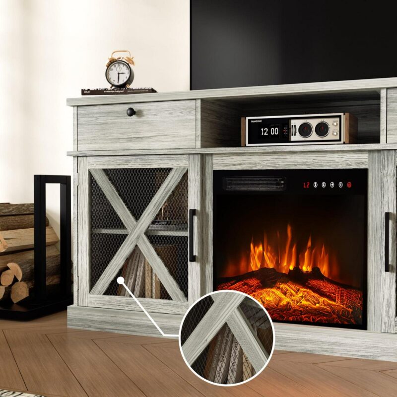 BREEZEHEAT Farmhouse Fireplace TV Stand with 18  Electric Fireplace for TVs up to 65'', 58  Entertainment Center TV Console, Storage Cabinets/Adjustable Shelves for Living Room and Bedroom - Image 6