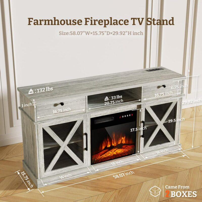 BREEZEHEAT Farmhouse Fireplace TV Stand with 18  Electric Fireplace for TVs up to 65'', 58  Entertainment Center TV Console, Storage Cabinets/Adjustable Shelves for Living Room and Bedroom - Image 8