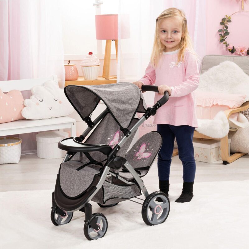 Bayer Design Dolls Twin Star Stroller - Grey, Pink, Butterfly - Image 6