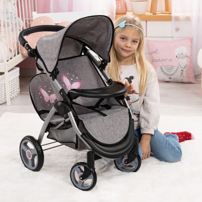 Bayer Design Dolls Twin Star Stroller - Grey, Pink, Butterfly - Image 5