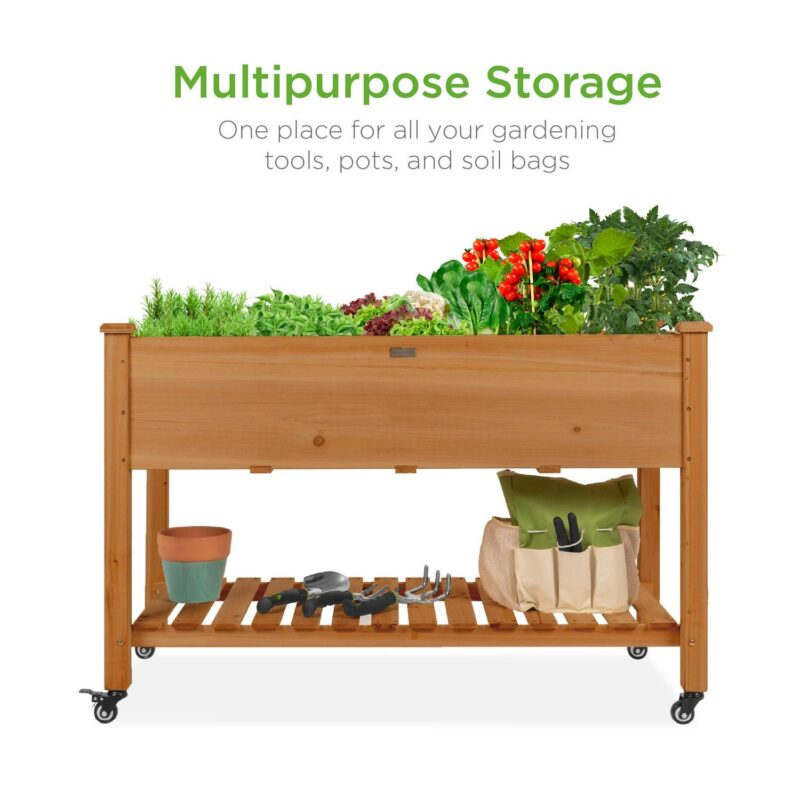 Best Choice Products Raised Garden Bed 48x24x32in Wood Mobile Elevated Planter w/ Wheel Locks, Shelf, Liner - Acorn Brown - Image 3