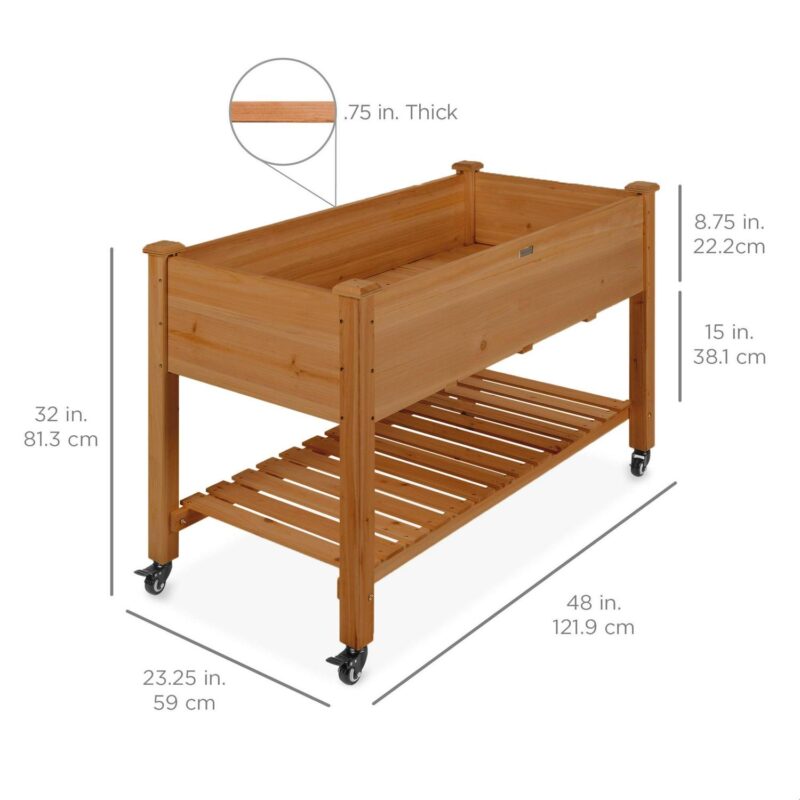 Best Choice Products Raised Garden Bed 48x24x32in Wood Mobile Elevated Planter w/ Wheel Locks, Shelf, Liner - Acorn Brown - Image 7