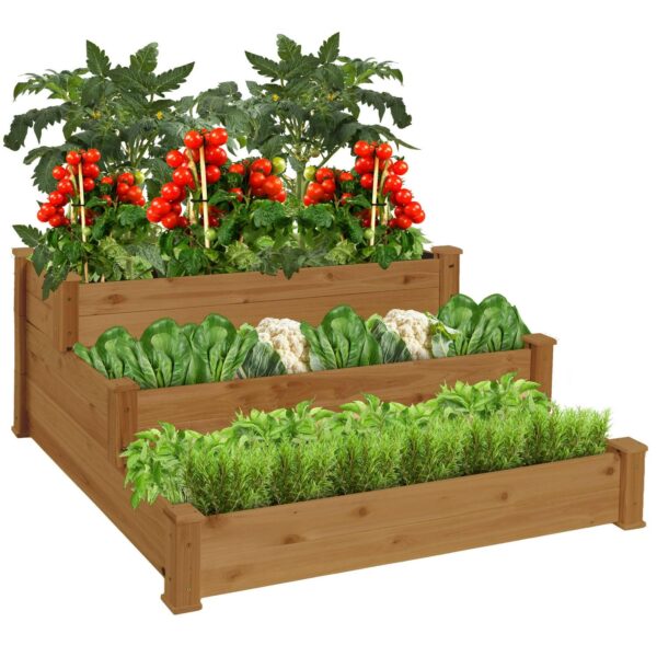 Best Choice Products 3-Tier Fir Wood Raised Garden Bed Planter for Plants, Vegetables, Outdoor Gardening - Acorn Brown