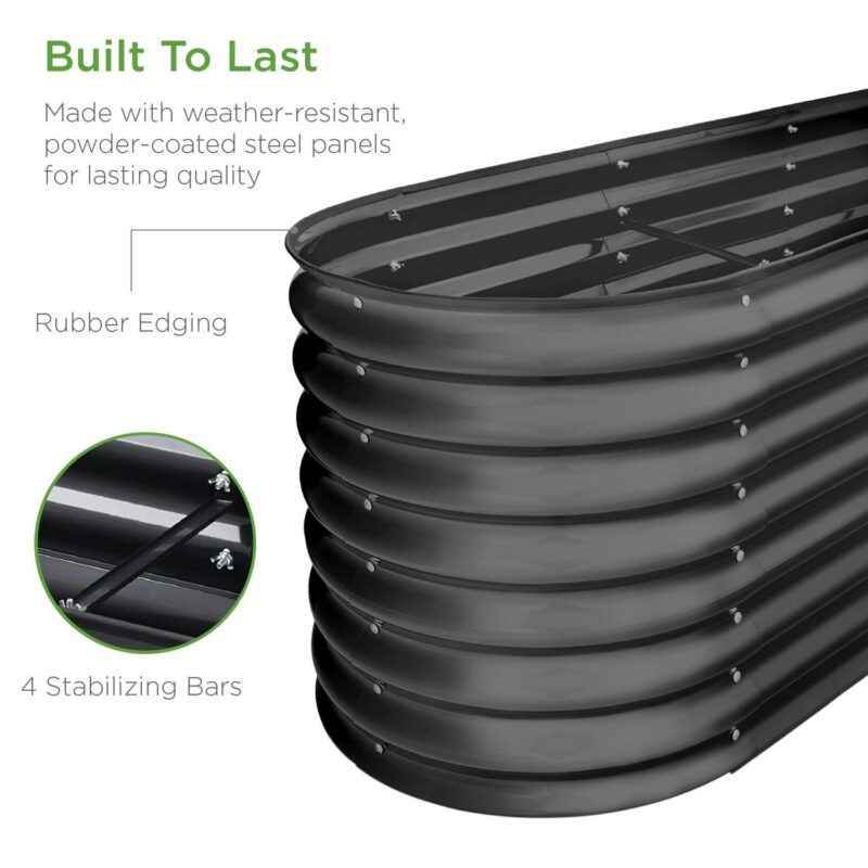 Best Choice Products 8x2x2ft Metal Raised Garden Bed, Oval Outdoor Planter Box w/ 4 Support Bars - Charcoal - Image 5