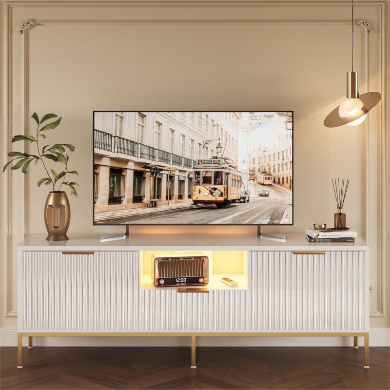 Bestier 55  LED TV Stand for TVs up to 60  Modern High Gloss Entertainment Center with Drawers Cabinets Fluted TV Console, White and Gold