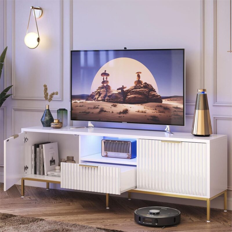 Bestier 55  LED TV Stand for TVs up to 60  Modern High Gloss Entertainment Center with Drawers Cabinets Fluted TV Console, White and Gold - Image 3