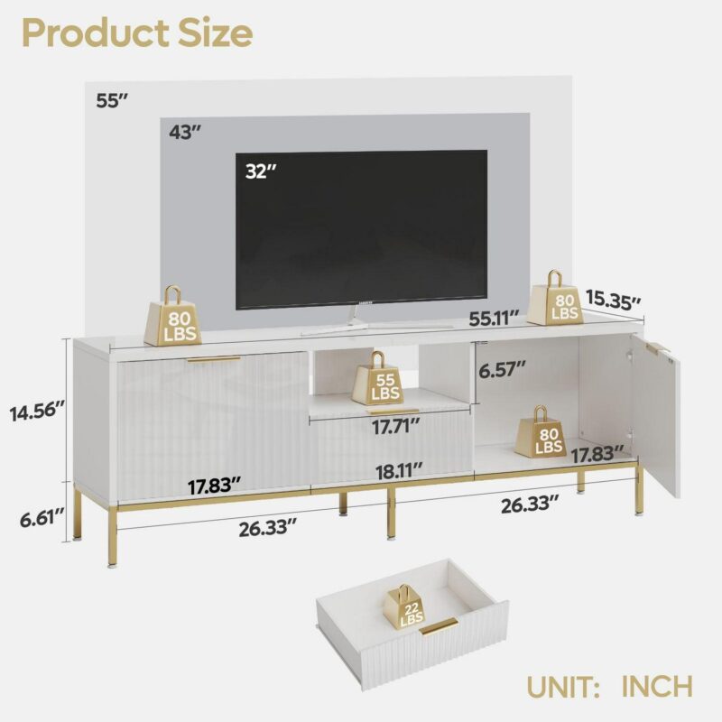 Bestier 55  LED TV Stand for TVs up to 60  Modern High Gloss Entertainment Center with Drawers Cabinets Fluted TV Console, White and Gold - Image 6