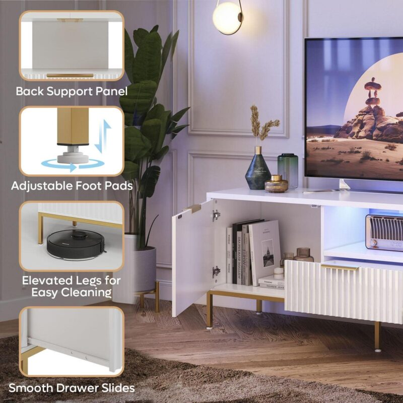 Bestier 55  LED TV Stand for TVs up to 60  Modern High Gloss Entertainment Center with Drawers Cabinets Fluted TV Console, White and Gold - Image 4