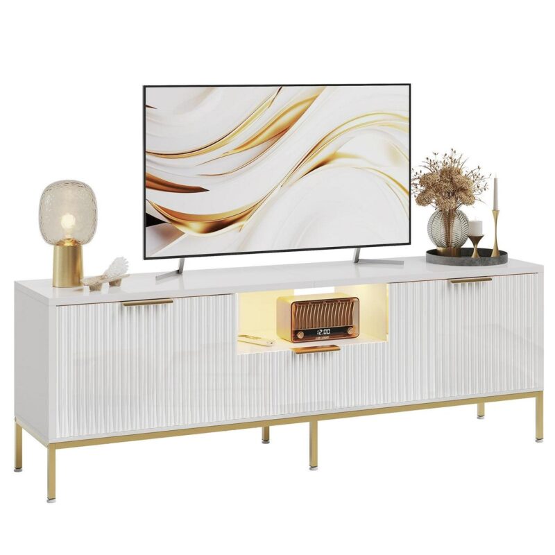 Bestier 55  LED TV Stand for TVs up to 60  Modern High Gloss Entertainment Center with Drawers Cabinets Fluted TV Console, White and Gold - Image 7