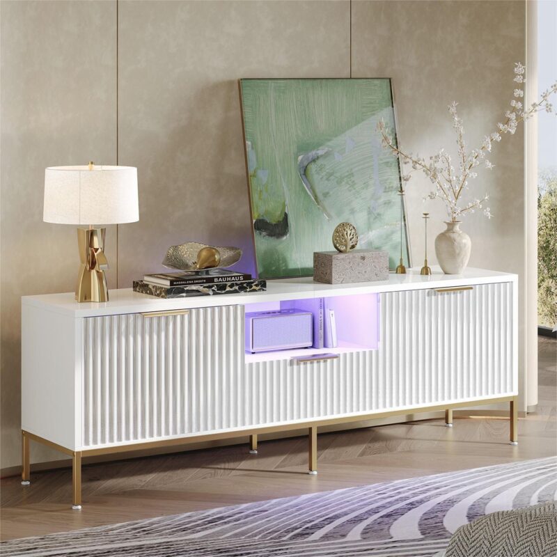 Bestier 55  LED TV Stand for TVs up to 60  Modern High Gloss Entertainment Center with Drawers Cabinets Fluted TV Console, White and Gold - Image 2
