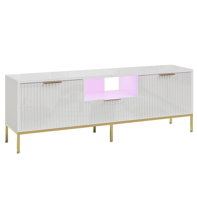 Bestier 55  LED TV Stand for TVs up to 60  Modern High Gloss Entertainment Center with Drawers Cabinets Fluted TV Console, White and Gold - Image 8