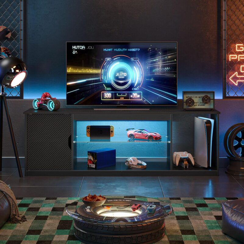Bestier 58  LED TV Stand for 60/65 inch TV Gaming Entertainment Center for PS5 with Glass Shelf , Carbon Fiber - Image 3