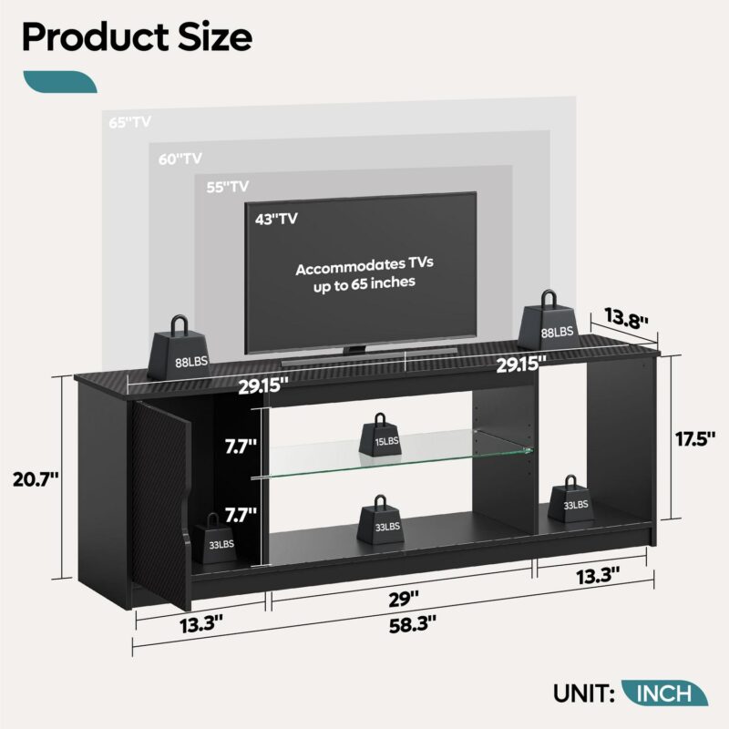 Bestier 58  LED TV Stand for 60/65 inch TV Gaming Entertainment Center for PS5 with Glass Shelf , Carbon Fiber - Image 9