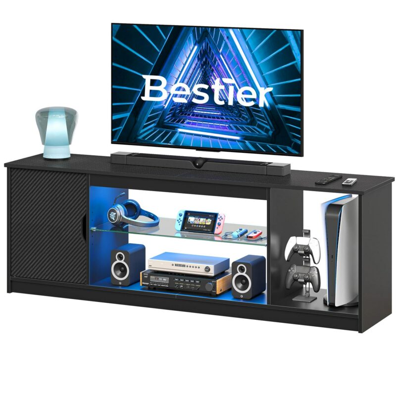 Bestier 58  LED TV Stand for 60/65 inch TV Gaming Entertainment Center for PS5 with Glass Shelf , Carbon Fiber - Image 10