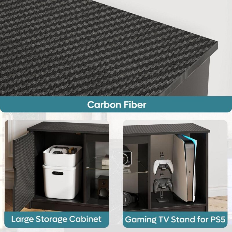 Bestier 58  LED TV Stand for 60/65 inch TV Gaming Entertainment Center for PS5 with Glass Shelf , Carbon Fiber - Image 5