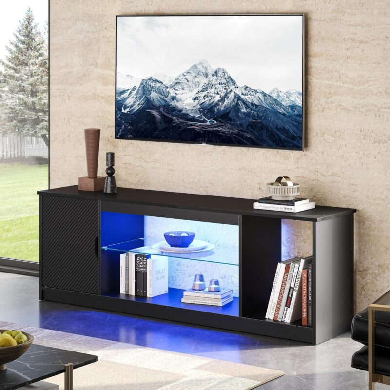 Bestier 58  LED TV Stand for 60/65 inch TV Gaming Entertainment Center for PS5 with Glass Shelf , Carbon Fiber - Image 7