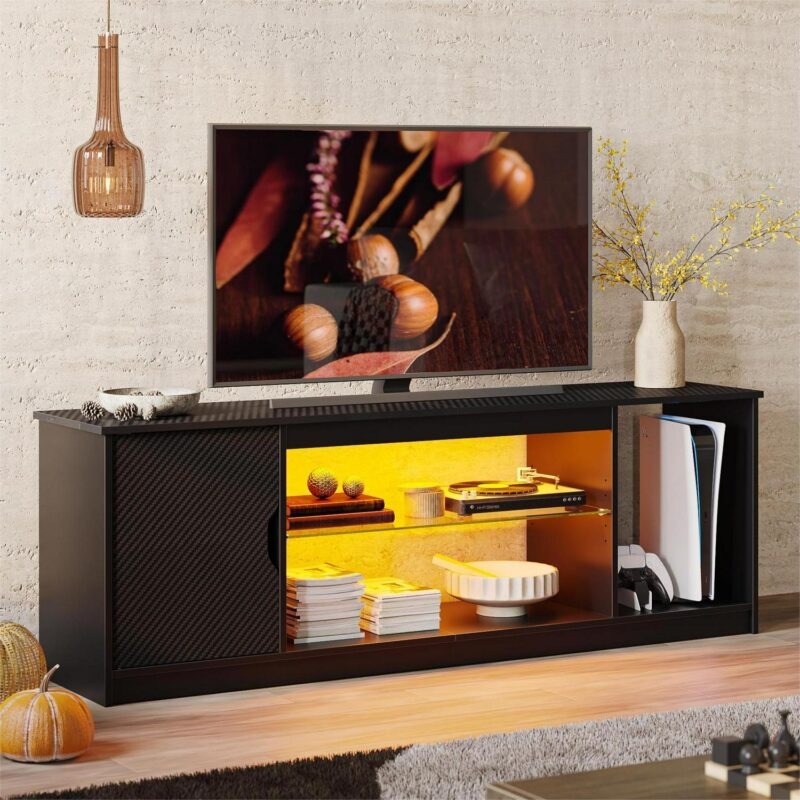 Bestier 58  LED TV Stand for 60/65 inch TV Gaming Entertainment Center for PS5 with Glass Shelf , Carbon Fiber - Image 2