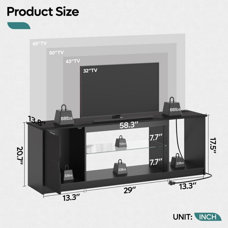 Bestier 58 inch LED TV Stand with Outlets, Gaming Entertainment Center with 1 Shelves for Bedroom - Image 4