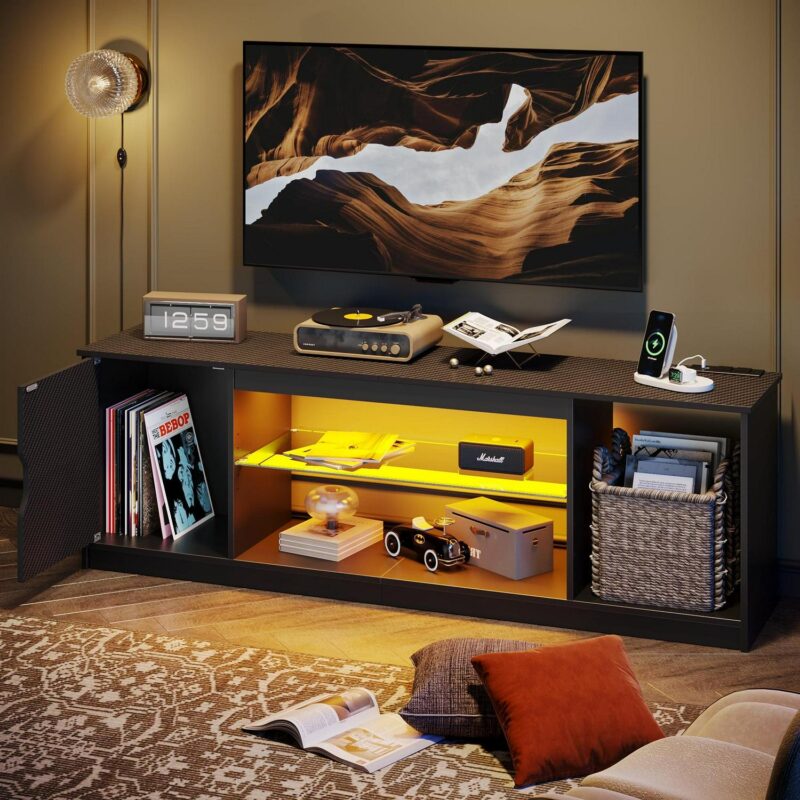 Bestier 58 inch LED TV Stand with Outlets, Gaming Entertainment Center with 1 Shelves for Bedroom