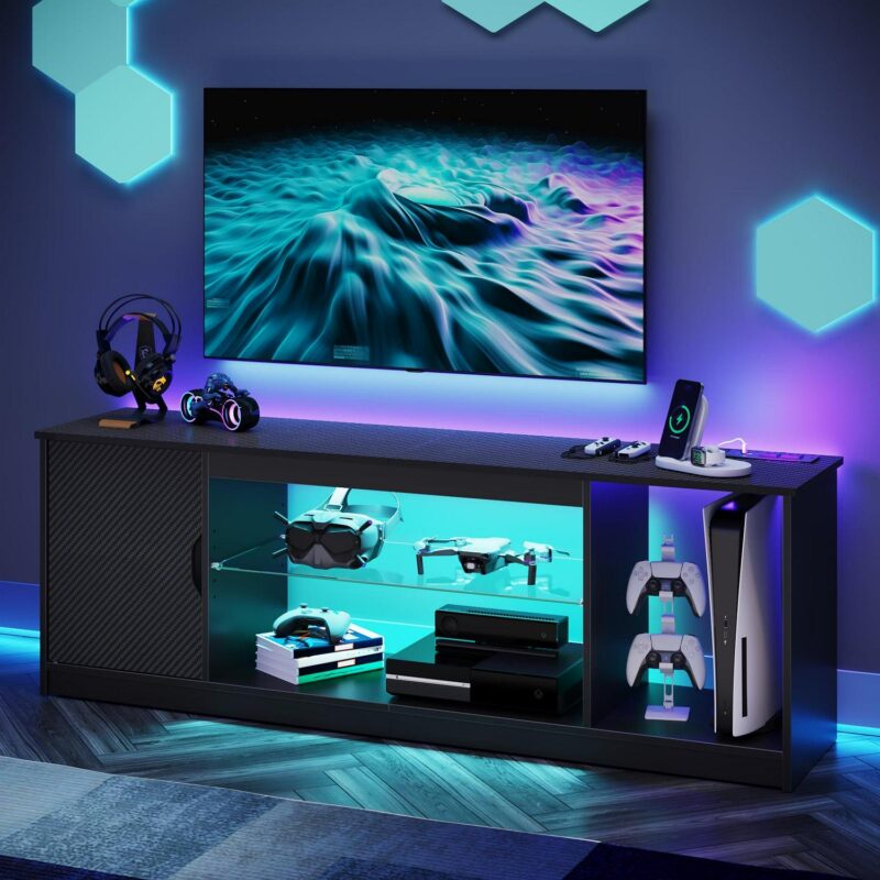 Bestier 58 inch LED TV Stand with Outlets, Gaming Entertainment Center with 1 Shelves for Bedroom - Image 7