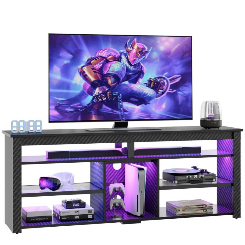 Bestier 63  Tall TV Stand with LED Lights, Entertainment Center for TVs up to 70 inch, TV Console with Storage and Adjustable Shelves in Carbon Fiber - Image 8