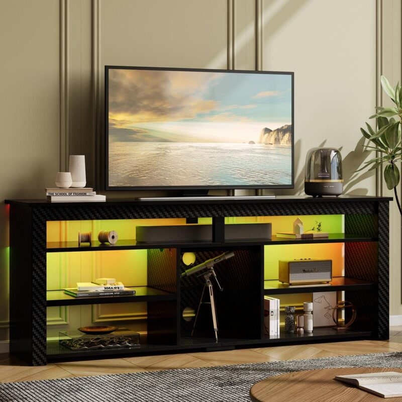 Bestier 63  Tall TV Stand with LED Lights, Entertainment Center for TVs up to 70 inch, TV Console with Storage and Adjustable Shelves in Carbon Fiber - Image 7