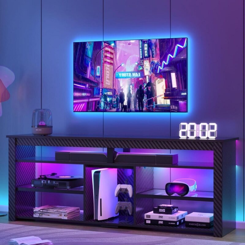 Bestier 63  Tall TV Stand with LED Lights, Entertainment Center for TVs up to 70 inch, TV Console with Storage and Adjustable Shelves in Carbon Fiber