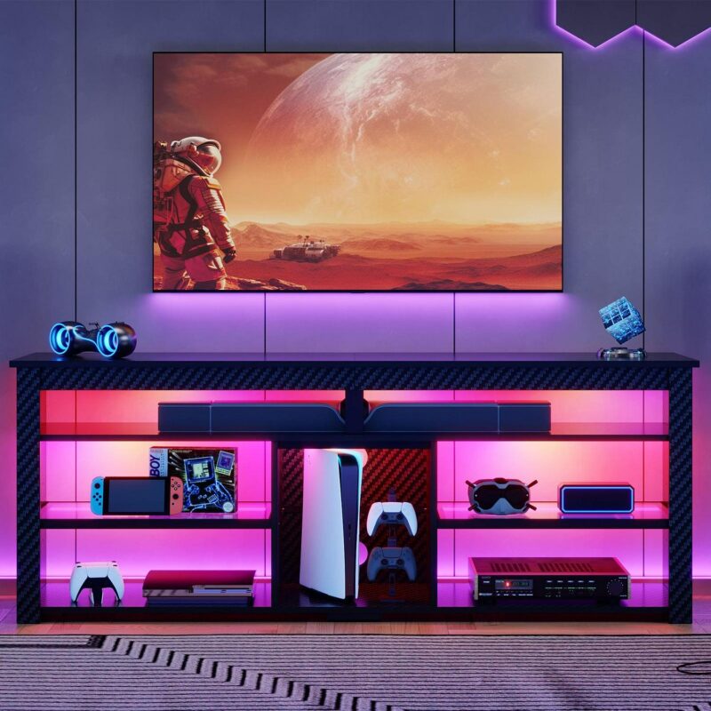 Bestier 63  Tall TV Stand with LED Lights, Entertainment Center for TVs up to 70 inch, TV Console with Storage and Adjustable Shelves in Carbon Fiber - Image 6