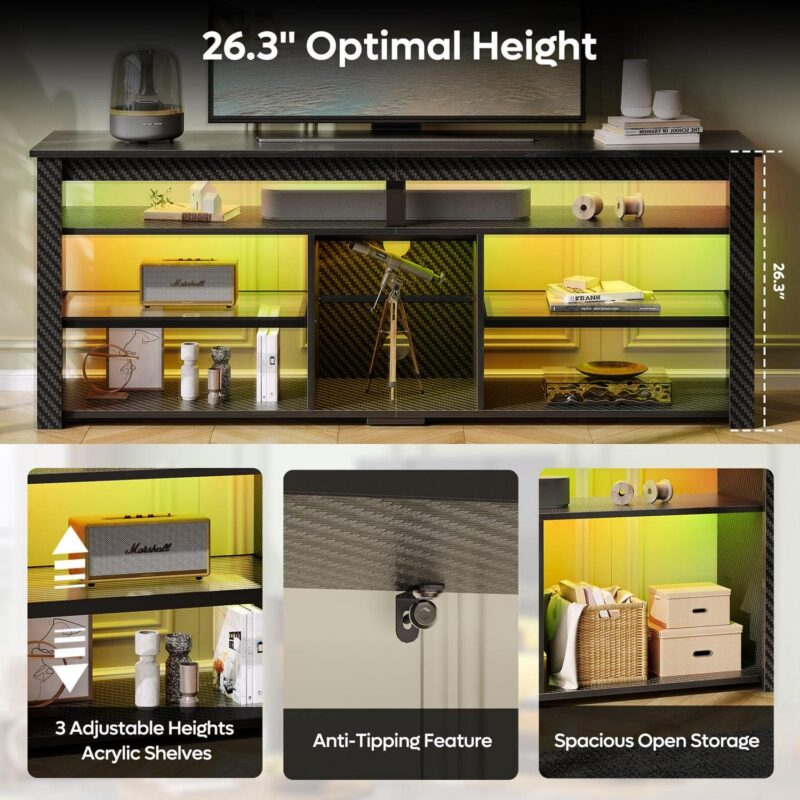 Bestier 63  Tall TV Stand with LED Lights, Entertainment Center for TVs up to 70 inch, TV Console with Storage and Adjustable Shelves in Carbon Fiber - Image 4
